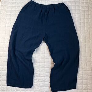 Flax 100% Linen Large Navy Blue Coastal Wide Leg Pull OnPants Stretch Waist